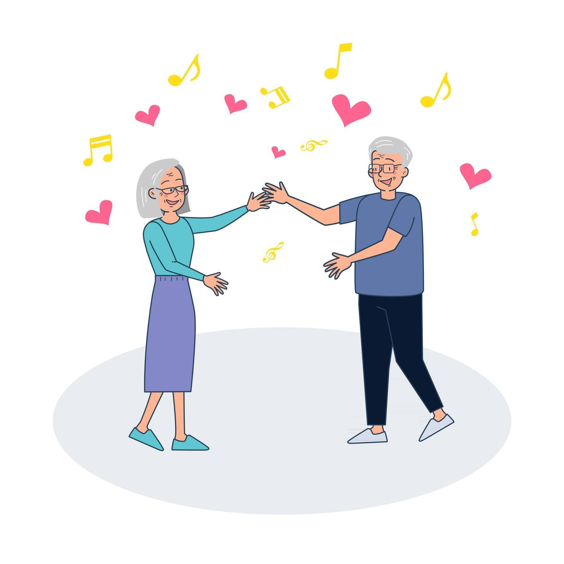Cute Couple Cartoon 桌布 壁紙 — 一對老夫婦快樂地一起跳舞，愛心和音符在他們周圍飄浮。