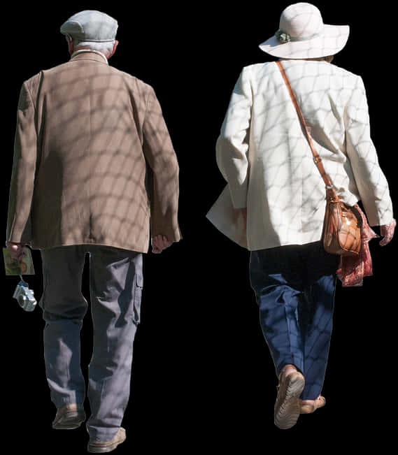 Person Walking 桌布 壁紙 — 一對老夫婦背向觀眾走開，陽光在他們背上投下網格狀陰影，背景為黑色。