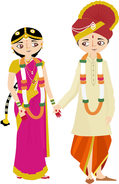 Hindu Wedding 桌布 壁紙 — 一對色彩繽紛的卡通情侶穿著傳統印度婚禮服飾，在純色背景前牽手。