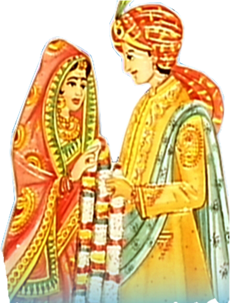 Hindu Wedding 桌布 壁紙 — 一對色彩繽紛的插圖情侶穿著傳統印度婚禮服飾，在黑色背景前交換花環。