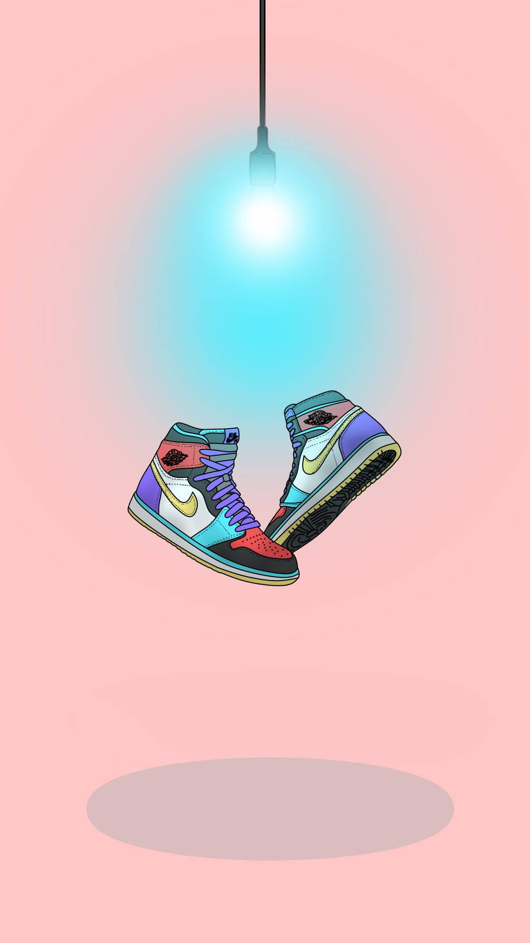 Nike iPhone 桌布 壁紙 — 一對色彩繽紛的高筒運動鞋懸掛在發光的藍色聚光燈下，背景是柔和的粉紅色。