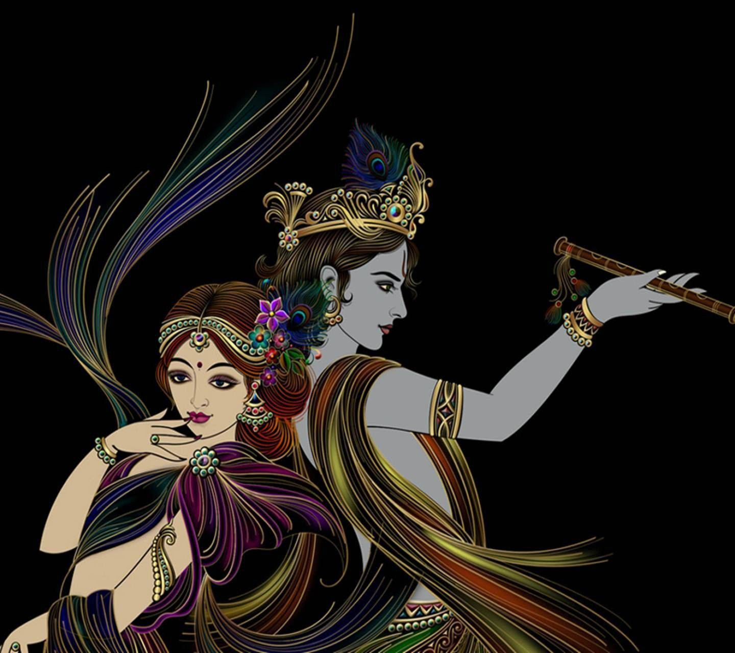 krishna bhagwan 桌布 壁紙 — 一對色彩鮮豔的插畫情侶，飾以華麗珠寶和飄逸服飾，在純黑背景襯托下格外突出。