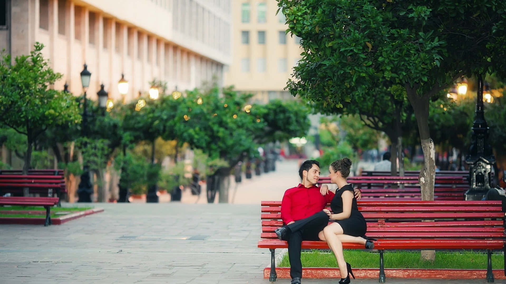 Cute Boyfriend 桌布 壁紙 — 一對身穿紅黑色衣服的情侶親密地坐在一個樹木成蔭的城市廣場的紅色長椅上，沐浴在溫暖的金色光芒中。