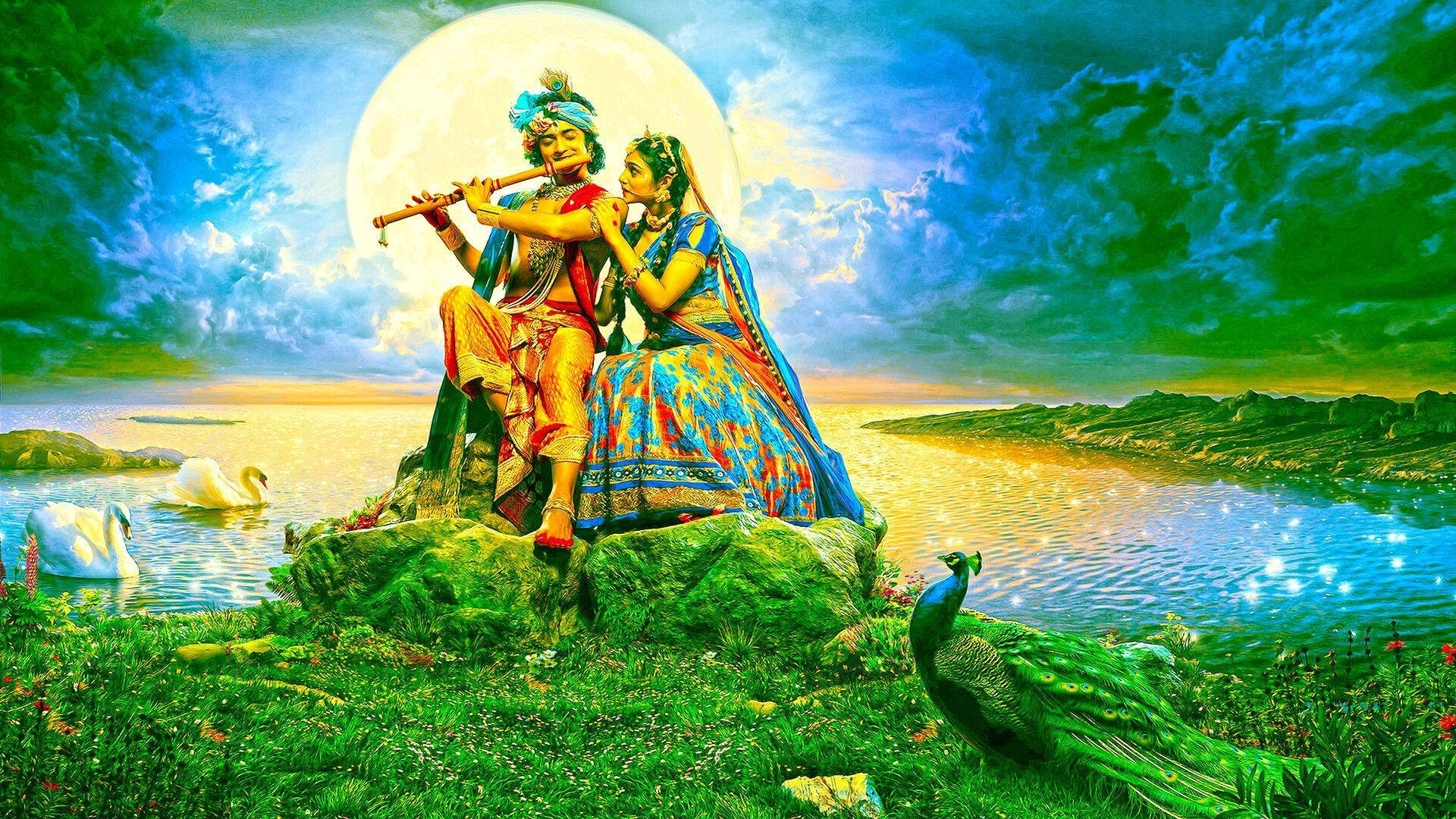radha krishna serial 桌布 壁紙 — 一對身穿鮮豔傳統服飾的神聖情侶坐在巨石上，旁邊是發光的湖泊，上方是巨大的月亮，附近有天鵝和一隻孔雀。