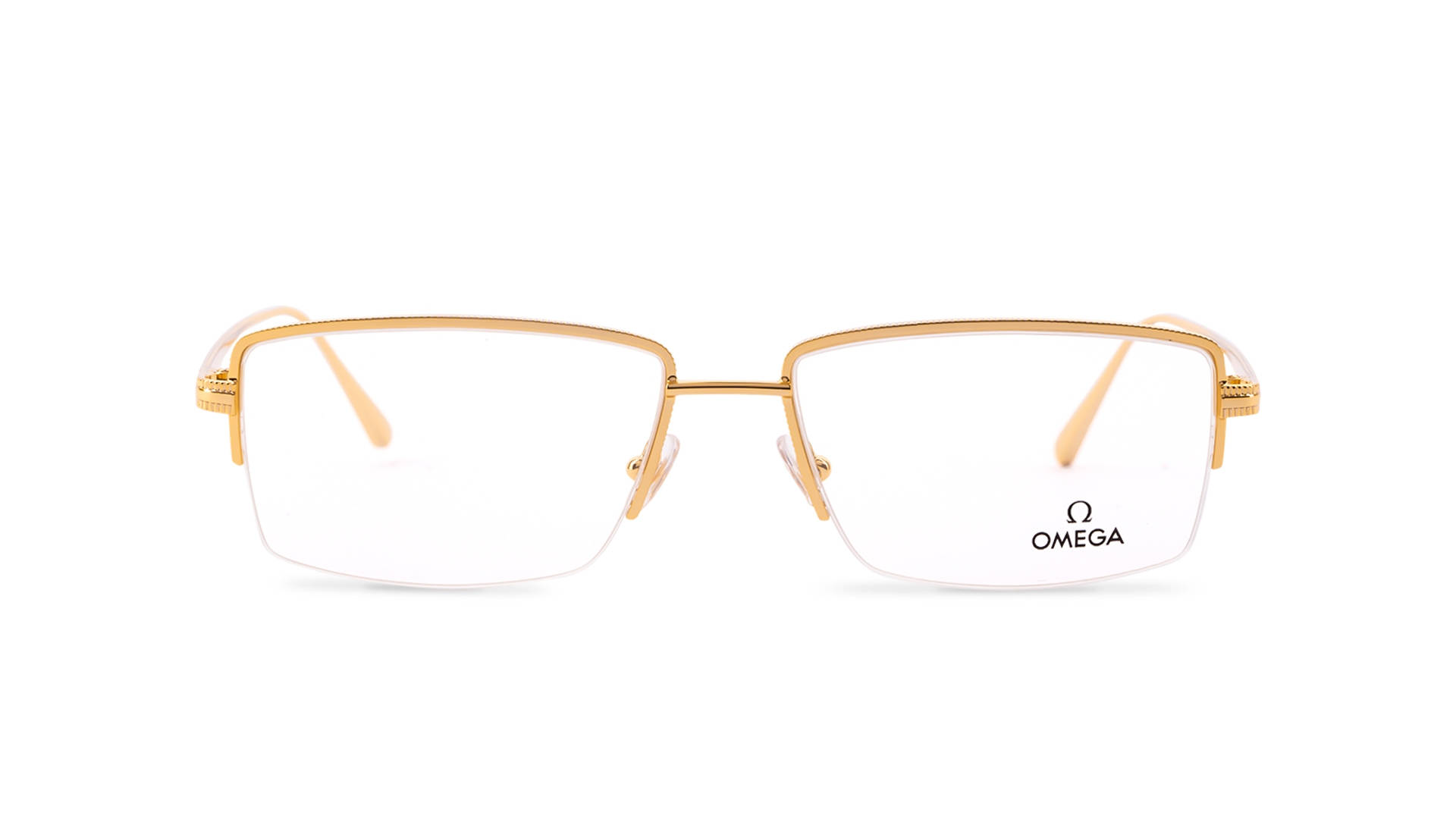 Sunglasses 桌布 壁紙 — 一對金色框OMEGA眼鏡，配透明鏡片及白色鏡臂末端，置於純白背景上。