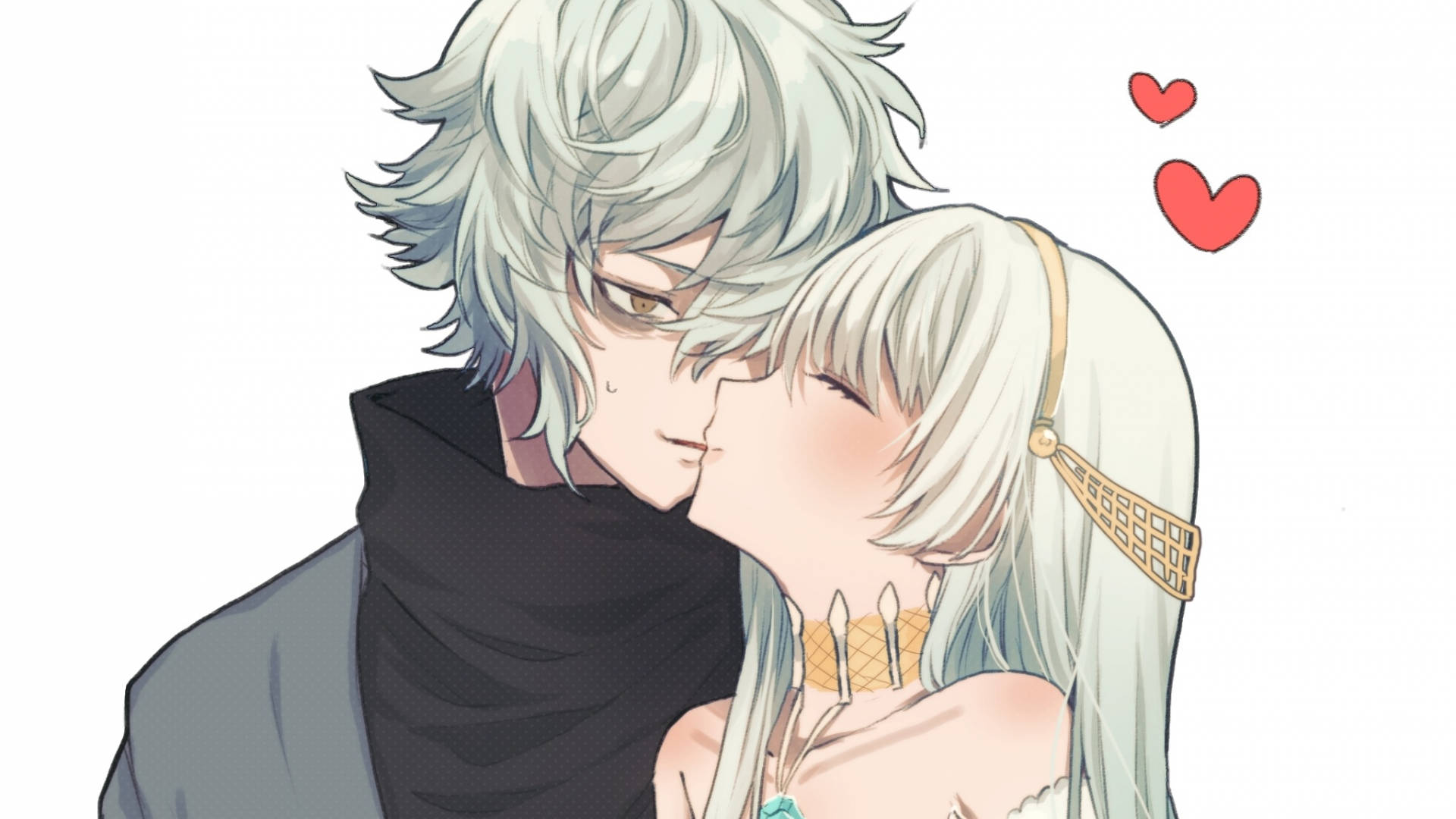 Fate/Grand Order 桌布 壁紙 — 一對銀色頭髮的溫柔動漫情侶正在接吻，漂浮的紅色愛心在純白色背景附近飄動。