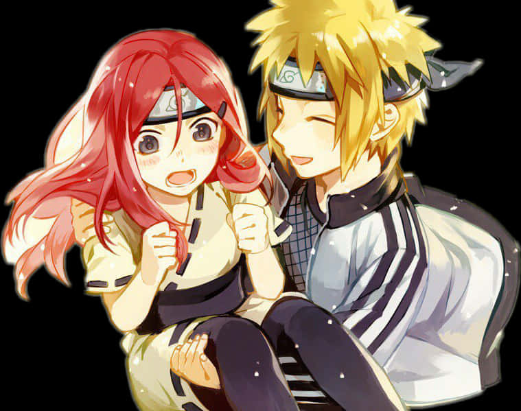 minato namikaze 桌布 壁紙 — 一對開心的動漫情侶，紅髮和金髮，在深色背景下溫暖擁抱。
