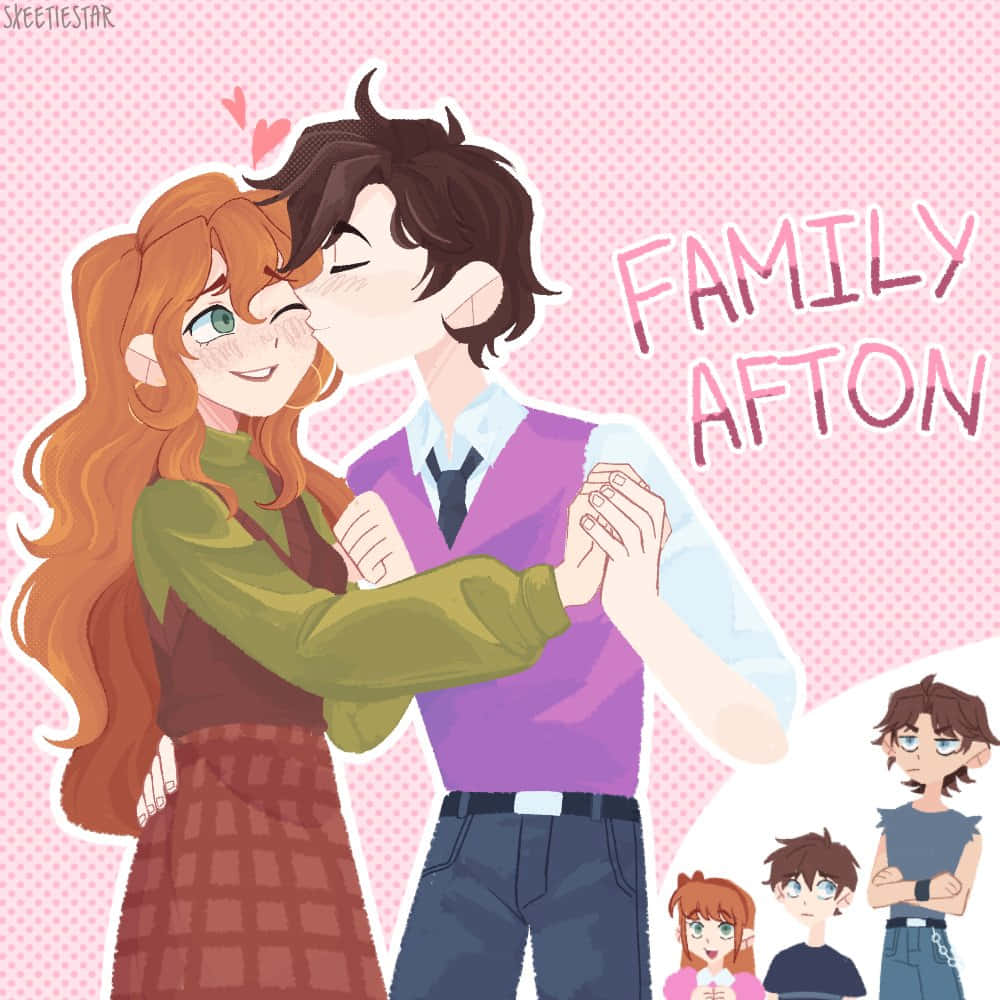 Clara Afton 桌布 壁紙 — 一對開心的動漫情侶在粉紅色圓點背景前深情接吻，背景有「FAMILY AFTON」文字和較小的角色。