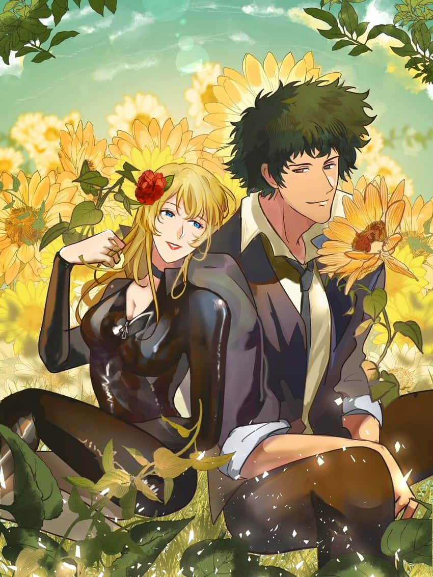 Cowboy Bebop Julia 桌布 壁紙 — 一對開心的動漫情侶坐在充滿活力的向日葵田中央，天空明亮，柔軟的綠色樹葉框住場景。