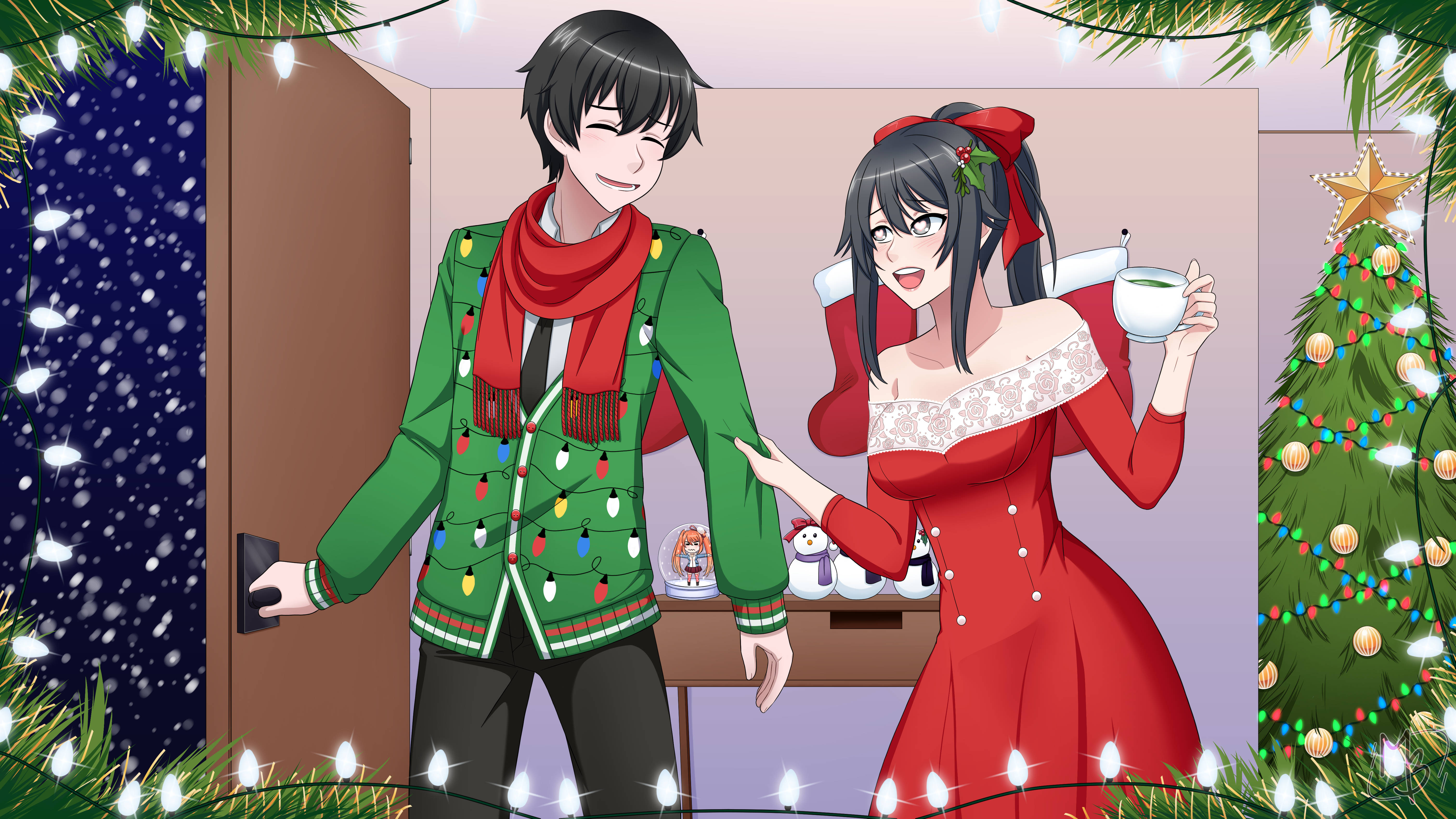 Yandere 桌布 壁紙 — 一對開心的動漫情侶穿著節日服裝，站在門口，外面下著雪，裡面有裝飾好的聖誕樹。