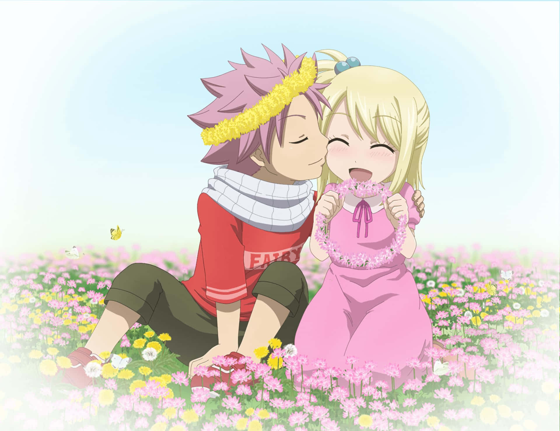 lucy heartfilia 桌布 壁紙 — 一對開心的動畫情侶在陽光明媚的粉紅色和黃色花田中分享溫馨時刻。