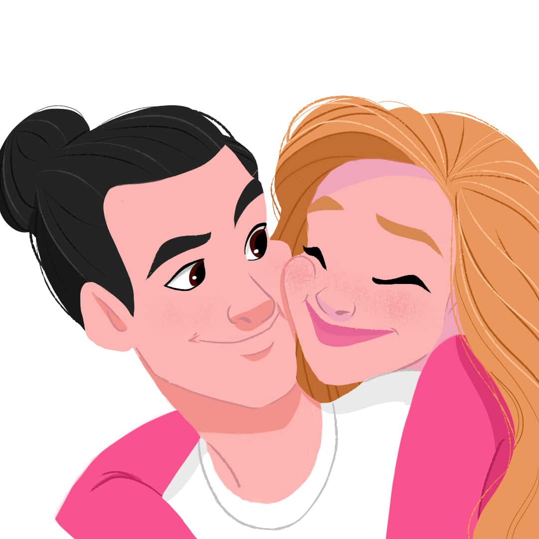 Couple Cartoon 桌布 壁紙 — 一對開心的卡通情侶以明亮的粉紅色調和柔軟的筆觸質感溫暖擁抱。
