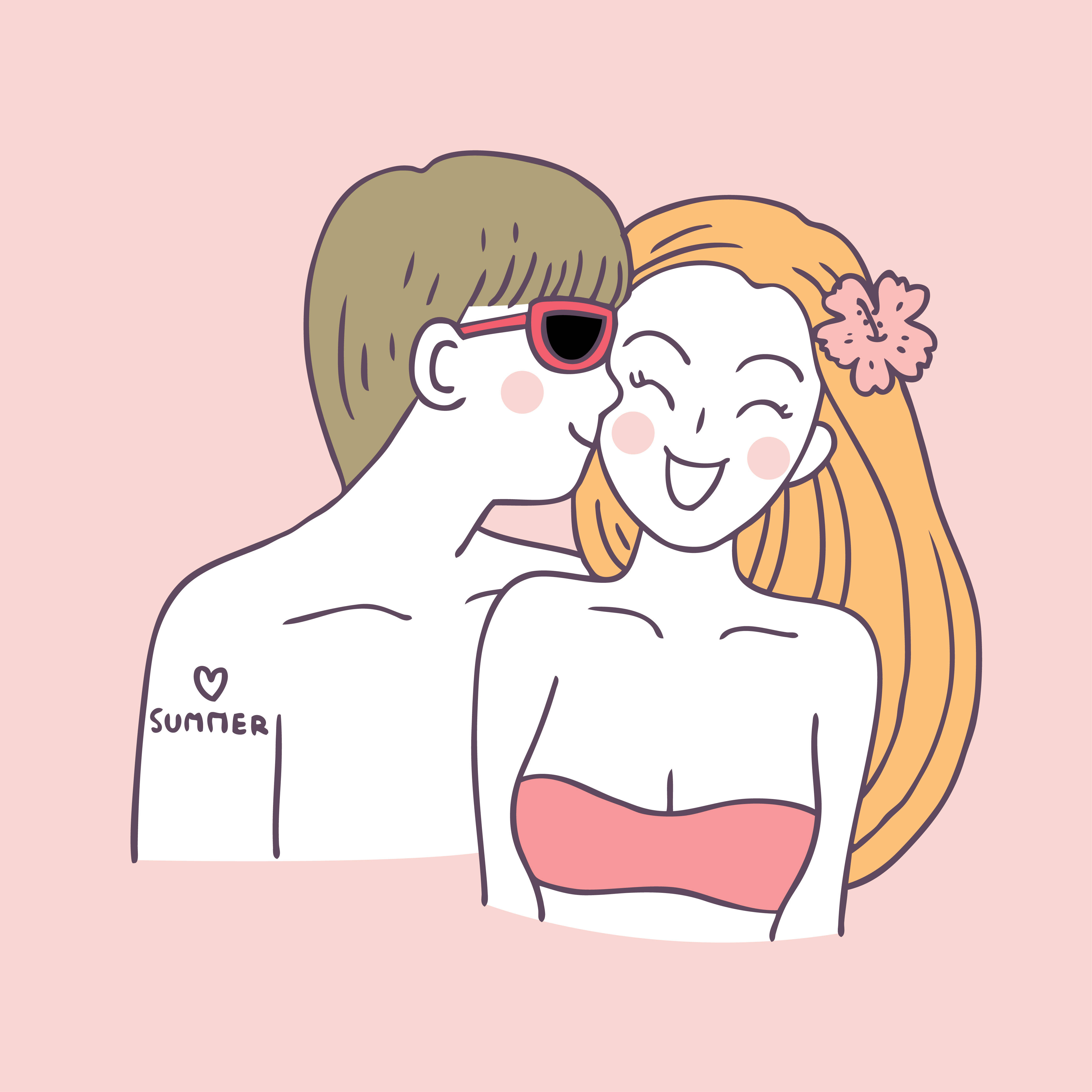 Cute Couple Cartoon 桌布 壁紙 — 一對開心的卡通情侶在柔和的粉紅色夏日天空下，戴著櫻花髮飾甜蜜接吻。