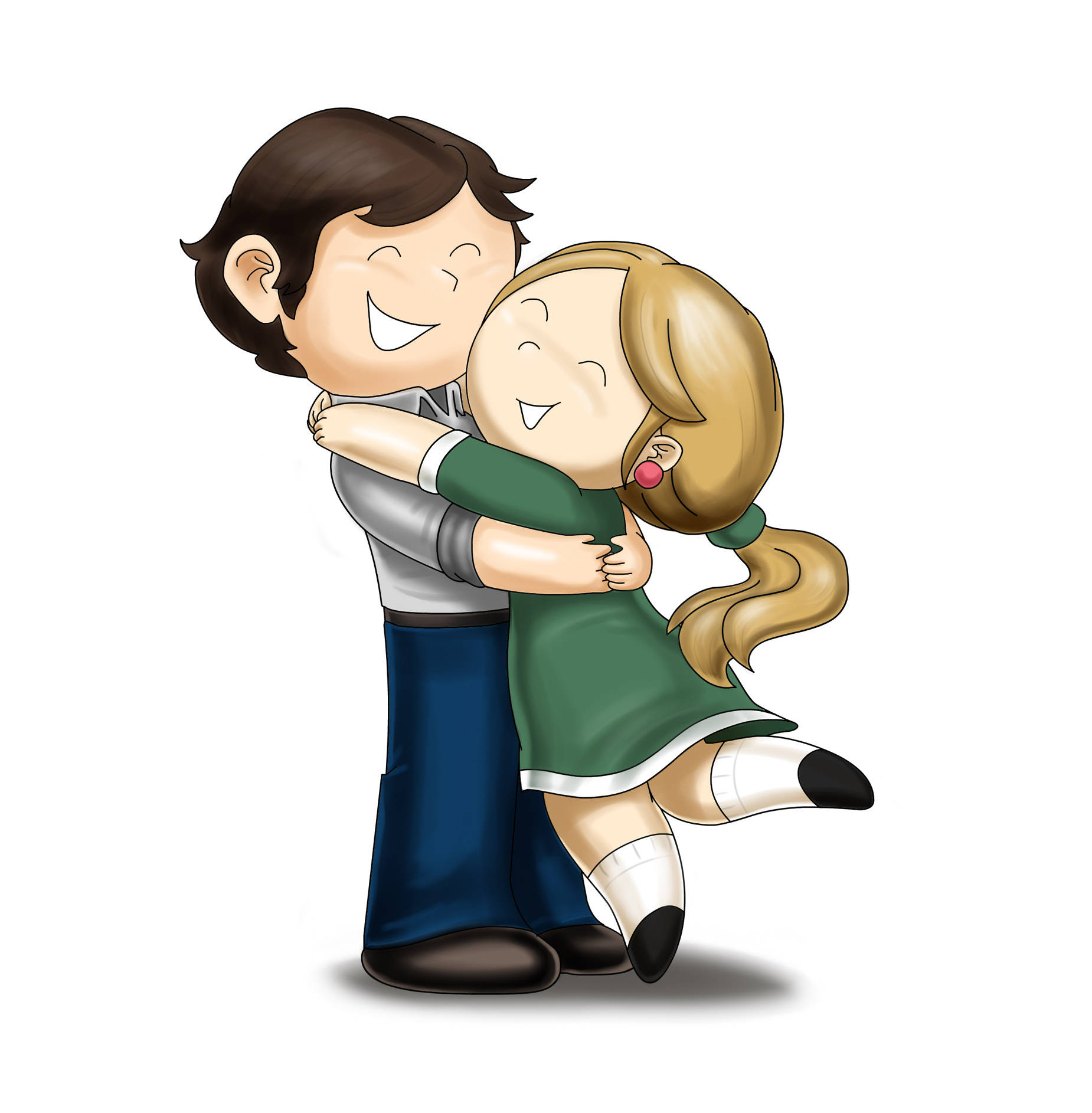 Cute Couple Cartoon 桌布 壁紙 — 一對開心的卡通情侶在純白背景前閉上眼睛，帶著燦爛笑容溫暖擁抱。