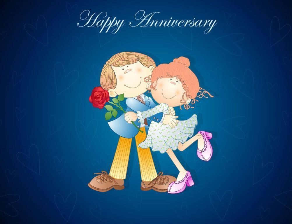 Happy Anniversary 桌布 壁紙 — 一對開心的卡通情侶在藍色背景上幸福地擁抱，背景有淡淡的心形圖案和「Happy Anniversary」文字。