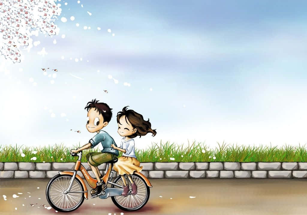 Couples 桌布 壁紙 — 一對開心的卡通情侶在陽光明媚的日子裡，騎著腳踏車，櫻花飄落。
