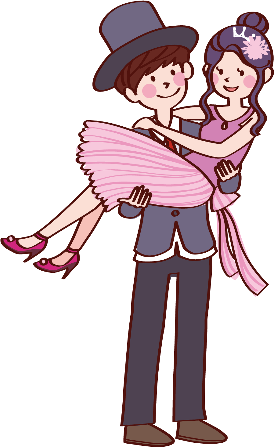 Couples 桌布 壁紙 — 一對開心的卡通情侶在黑色背景前跳舞，男士舉起穿著粉紅色裙子的女士。