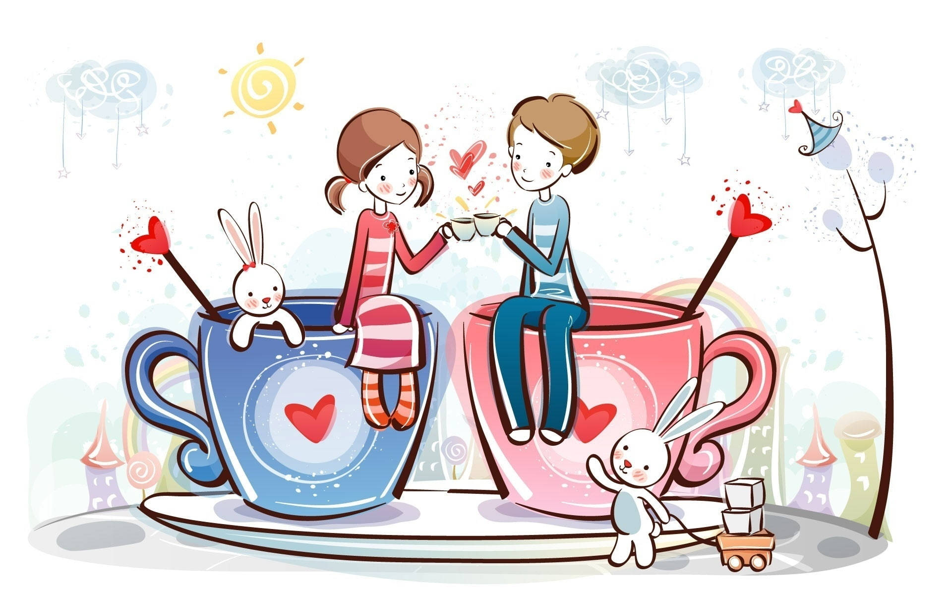 Love Drawings 桌布 壁紙 — 一對開心的卡通情侶坐在巨型心形裝飾茶杯中，在陽光普照的天空下，伴隨著奇特的雲朵和頑皮的小兔子，互相碰杯。
