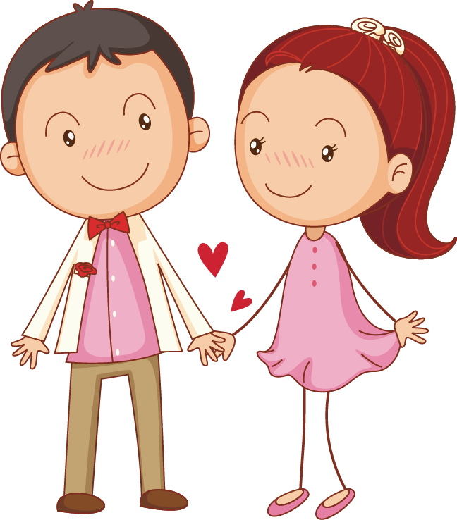 Couples 桌布 壁紙 — 一對開心的卡通情侶手牽手，中間有漂浮的心形，背景為純白色。