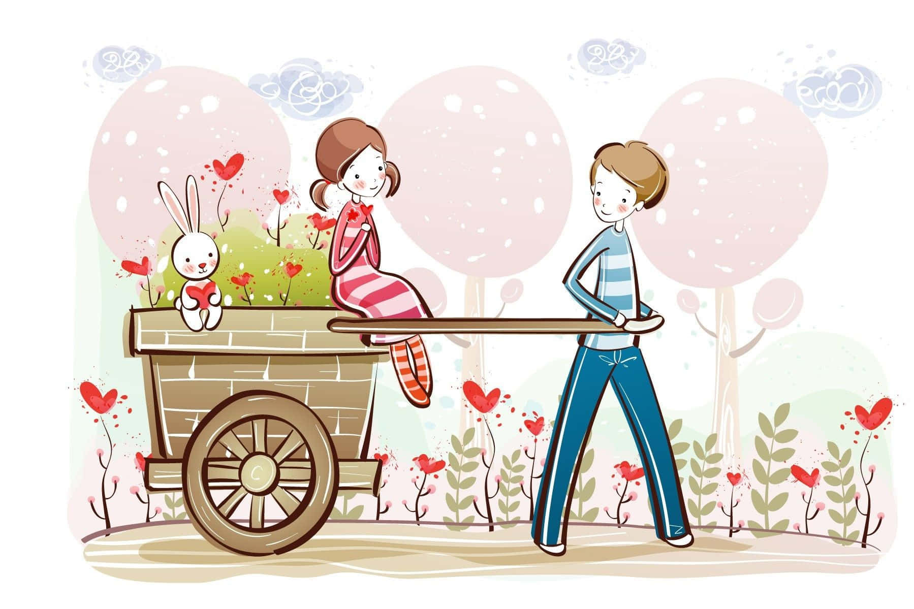 couple love 桌布 壁紙 — 一對開心的卡通情侶推著一輛載有兔子的手推車，穿過一個充滿心形圖案的花園，花園上有柔和的粉彩樹木。