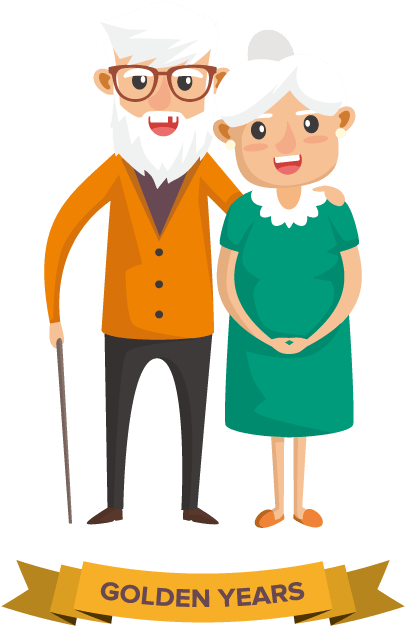 Retirement 桌布 壁紙 — 一對開心的老年夫婦溫暖地微笑，下方有一個金色橫幅寫著金色年華。