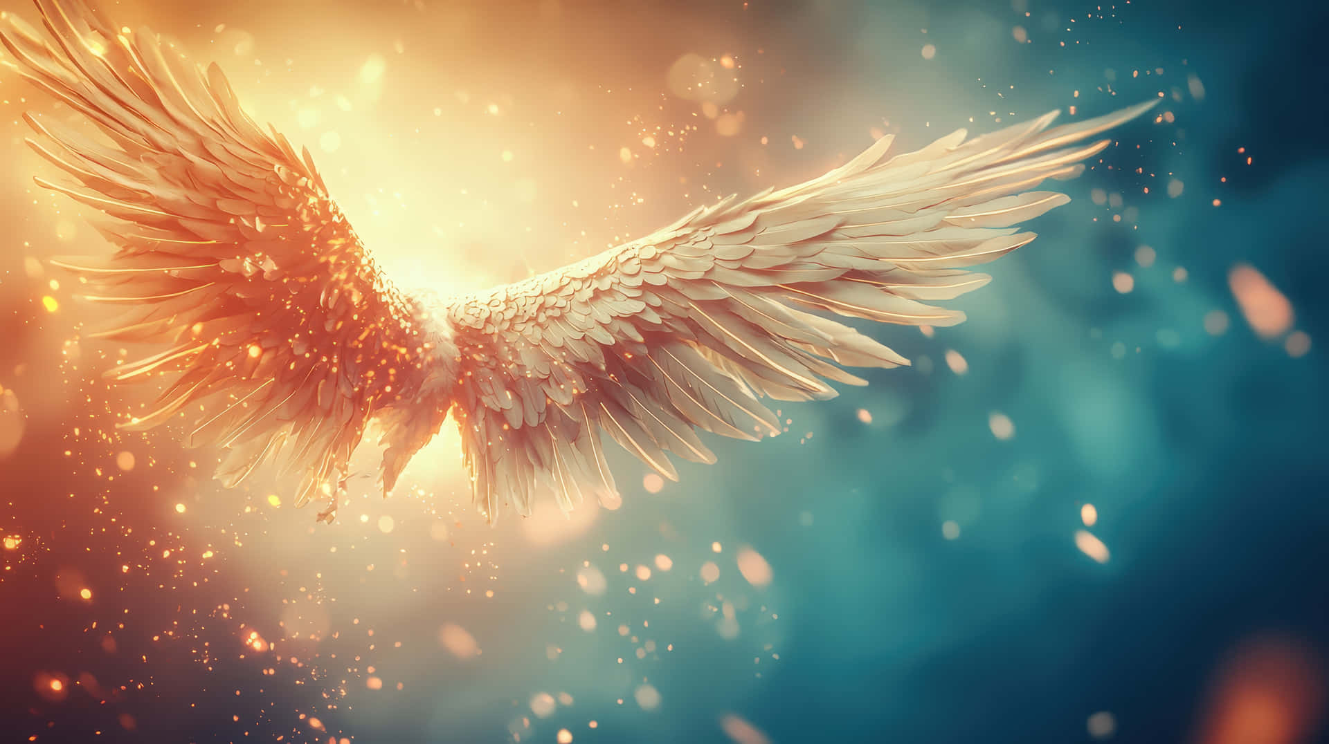 Ethereal Angel Wing with Glowing Light and Particles 壁紙 — 一對雄偉的金色天使翅膀在閃爍的夕陽天空中展開，伴隨著漂浮的閃光。