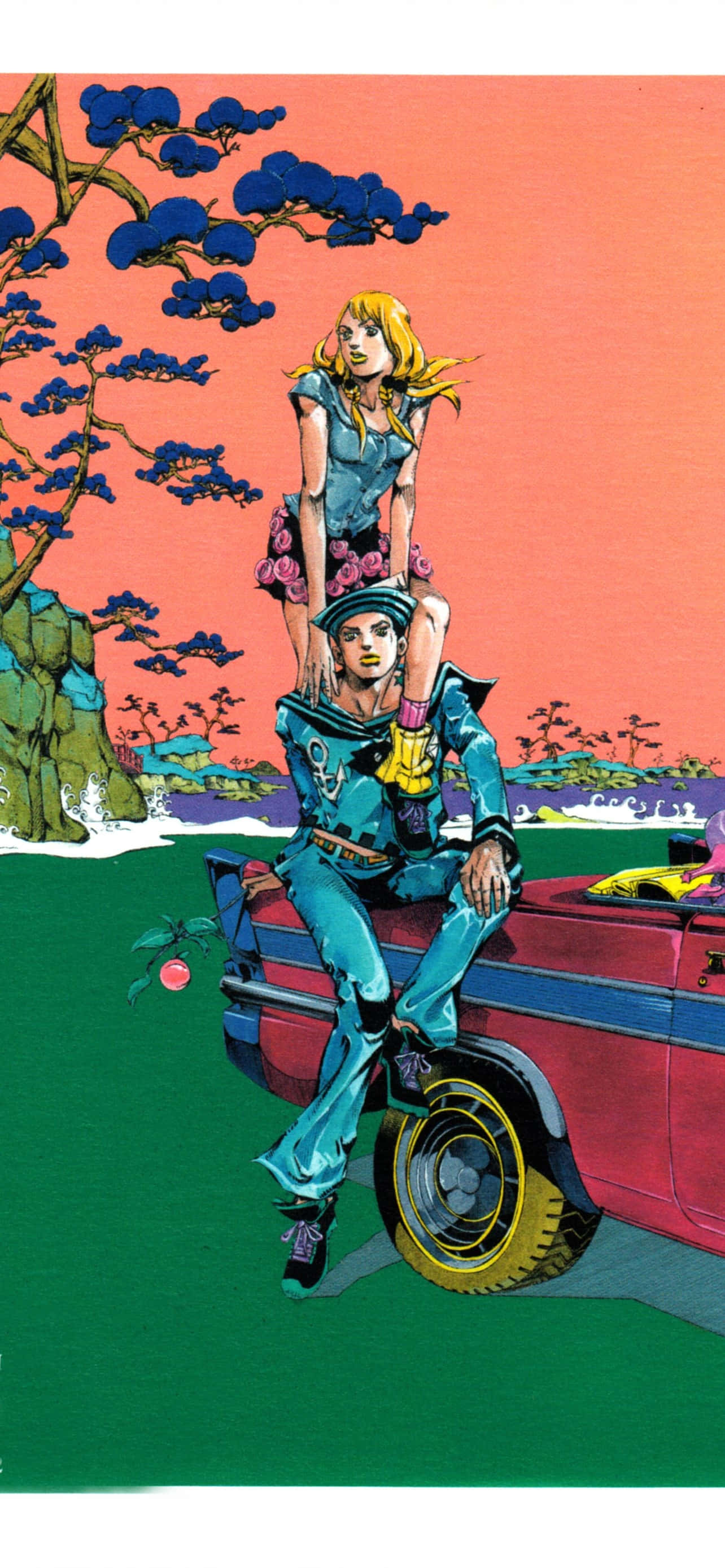 Jojo's Bizarre Adventure 桌布 壁紙 — 一對風格化的動漫情侶在紅色汽車上擺姿勢，背景是超現實的粉紅色天空和藍色樹木。