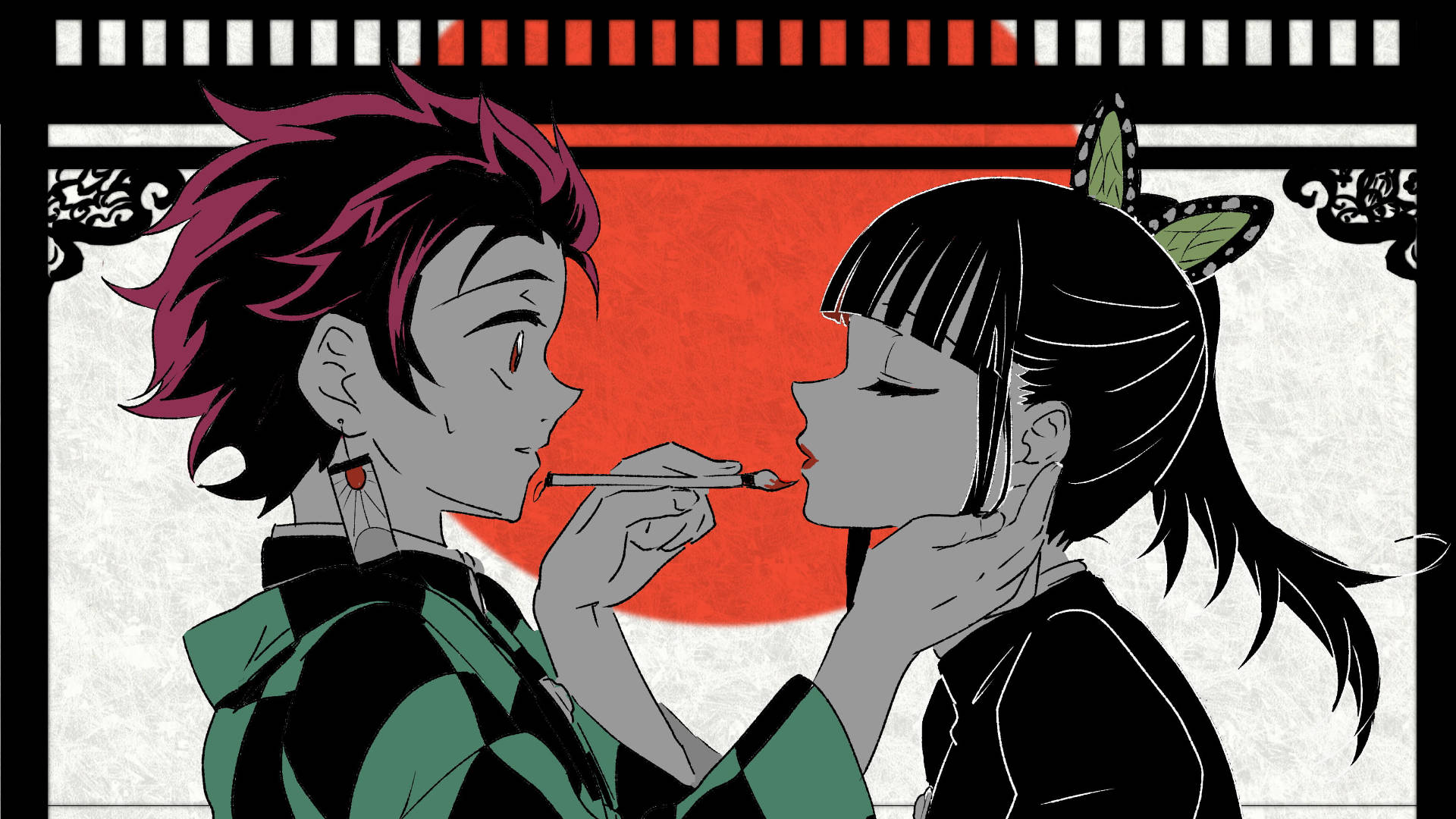 Tanjiro Kamado 桌布 壁紙 — 一對風格化的動漫情侶在鮮紅的太陽背景下分享親密時刻，並帶有傳統日本圖案。