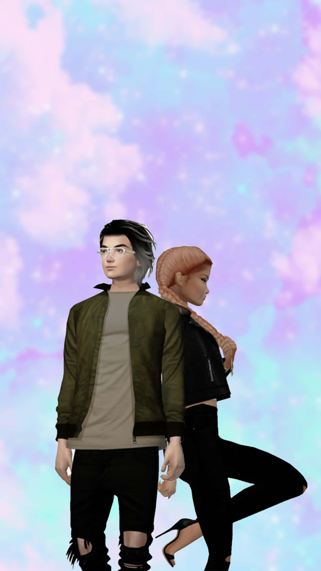 imvu 桌布 壁紙 — 一對風格化的數位情侶背對背站立，背景是夢幻的粉彩宇宙天空，漂浮著粒子。