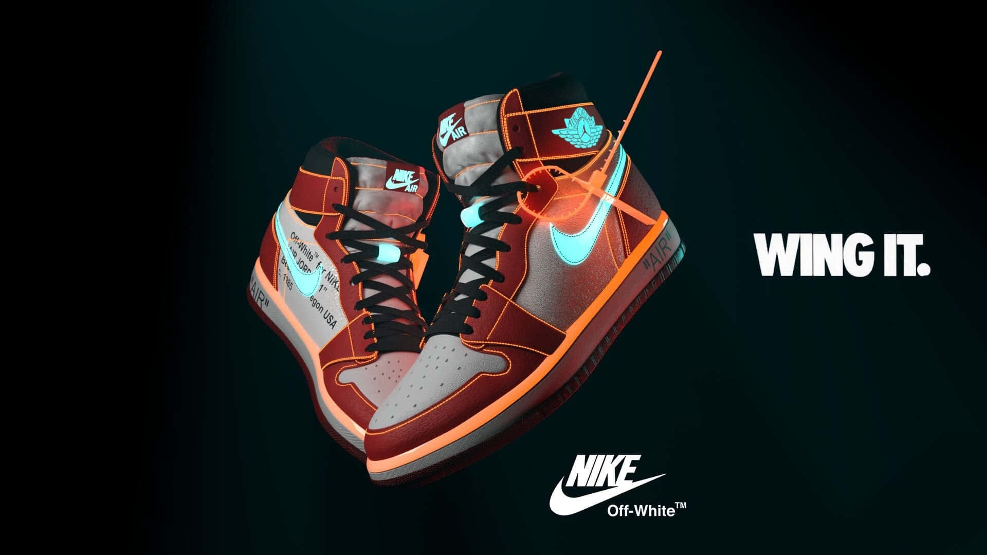 Off White Jordan 1 桌布 壁紙 — 一對高筒Nike Air Force 1運動鞋，帶有橙色和藍綠色點綴及黑色鞋帶，在帶有 'WING IT.' 文字的深色漸變背景上漂浮。