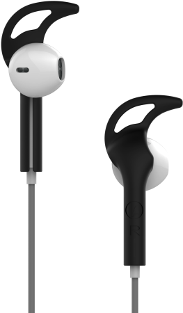 AirPods 桌布 壁紙 — 一對黑白入耳式耳機，帶有彎曲掛鉤和細線纜，背景簡潔。