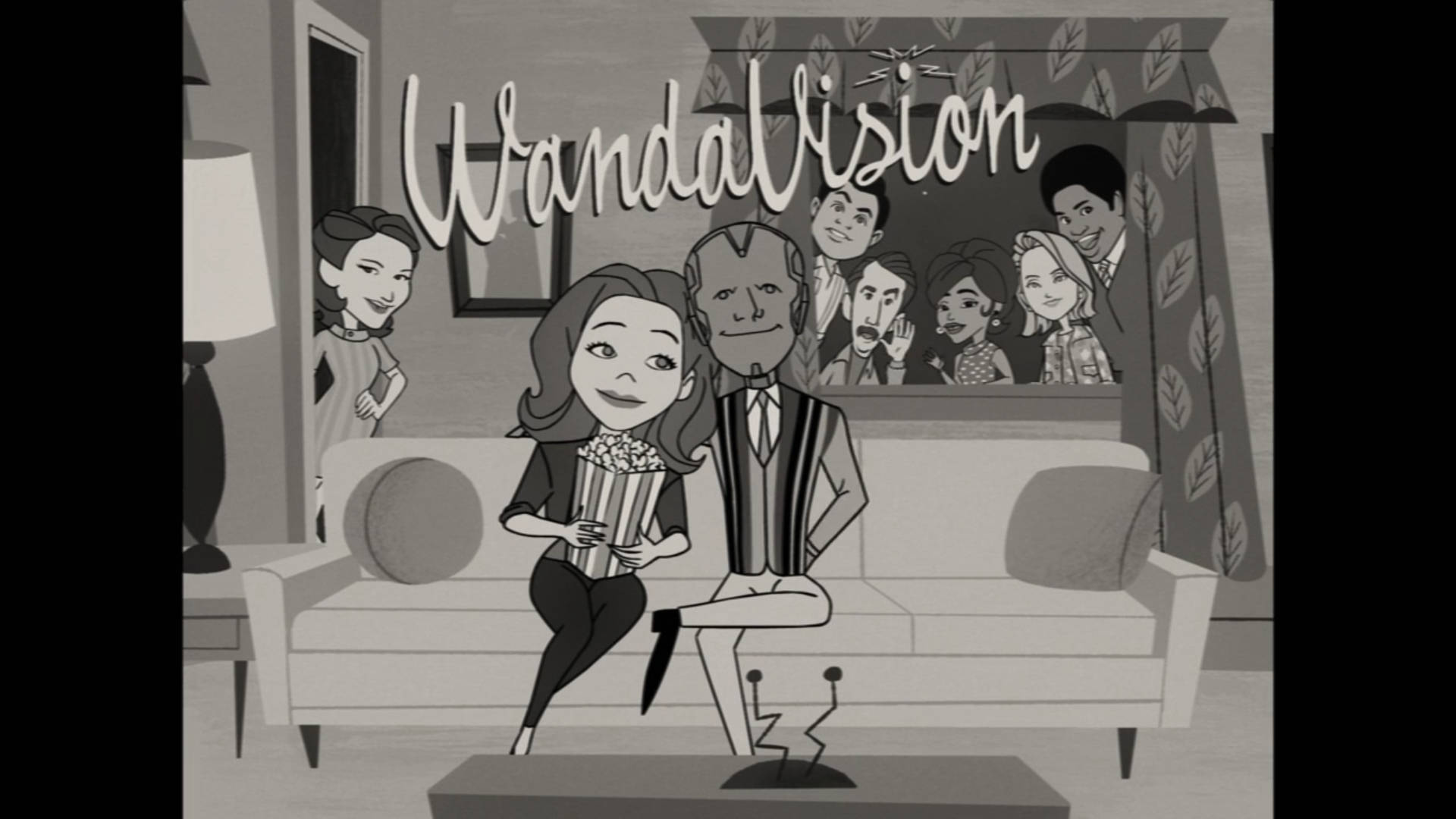 Wandavision 桌布 壁紙 — 一對黑白卡通情侶坐在沙發上看電視吃爆米花，而一群人在窗簾後面觀看。