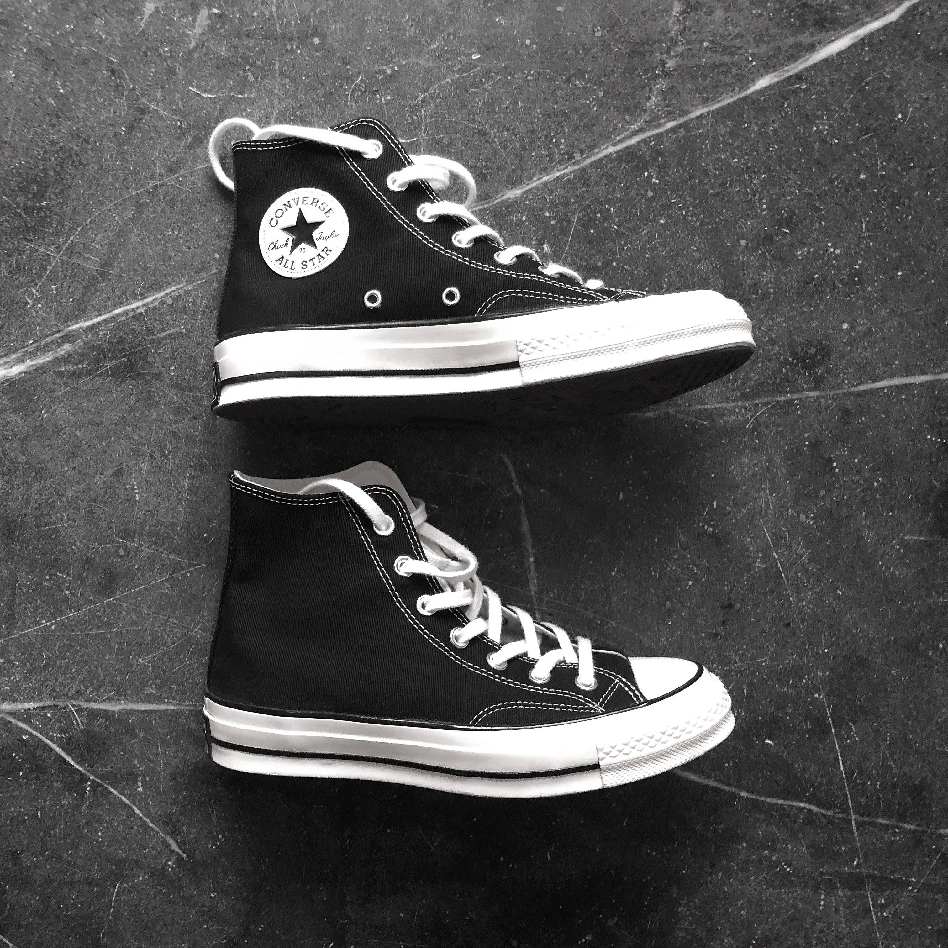 Converse 桌布 壁紙 — 一對黑色Converse高筒運動鞋，白色鞋帶和橡膠鞋底，放在有刮痕的深灰色混凝土表面上。