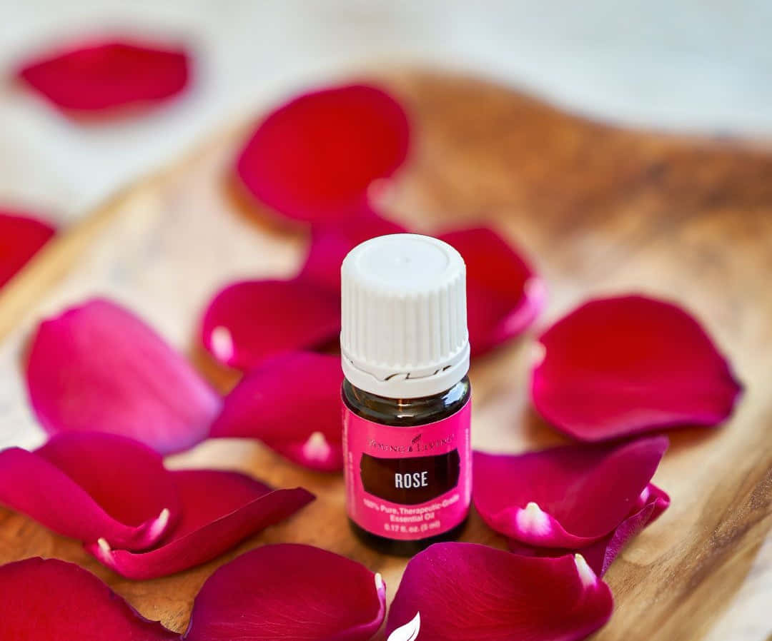 Rose Oil 桌布 壁紙 — 一小瓶玫瑰精油放在木質表面鮮紅的玫瑰花瓣中。