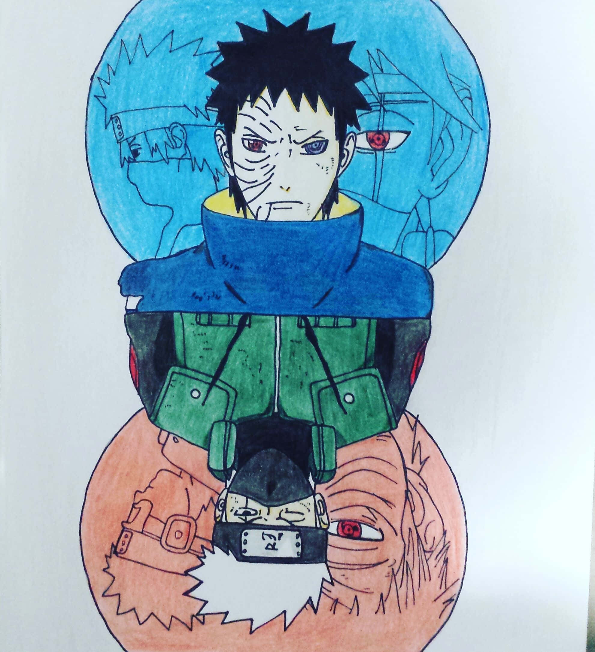 4th Great Ninja War 桌布 壁紙 — 一層層的動漫畫作，描繪Naruto角色，有尖刺頭髮和紅色眼睛，在藍色和橙色圓圈中。