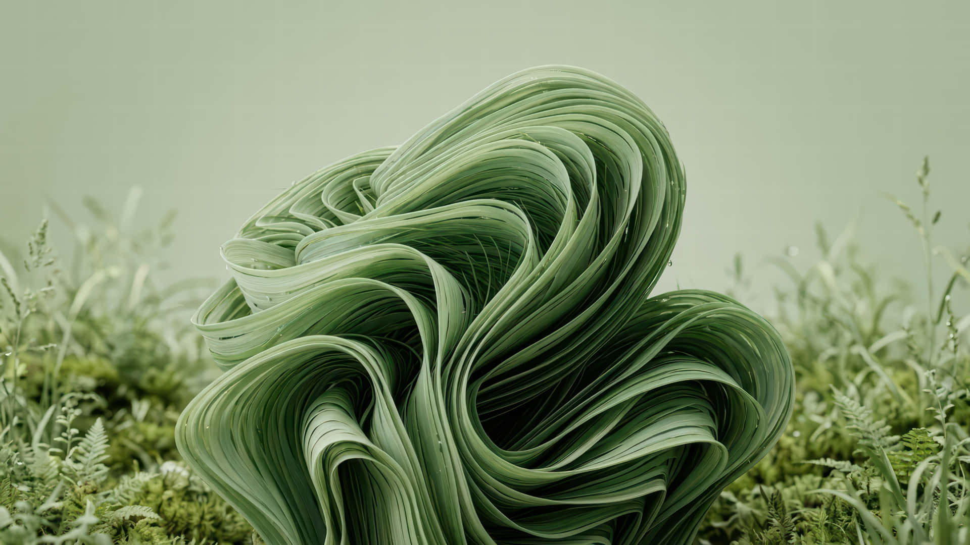 Green grass blades bloom modded wallpaper for desktop Enhancement 壁紙 — 一層層綠色葉片形成的超現實雕塑般漩渦，從長滿苔蘚的地面及柔軟的草叢中升起。