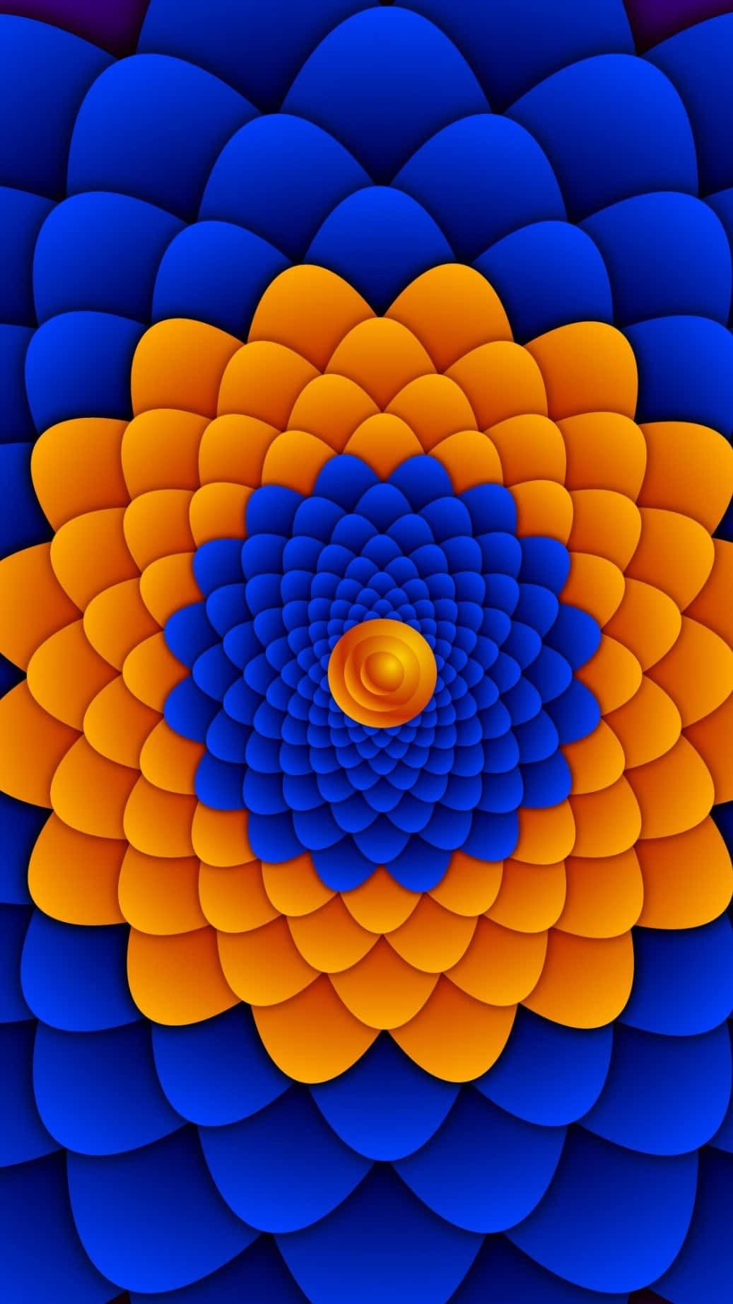 Colorful Phone 桌布 壁紙 — 一層層藍色和橙色的花瓣形狀形成催眠般的螺旋，向內輻射到發光的中心。