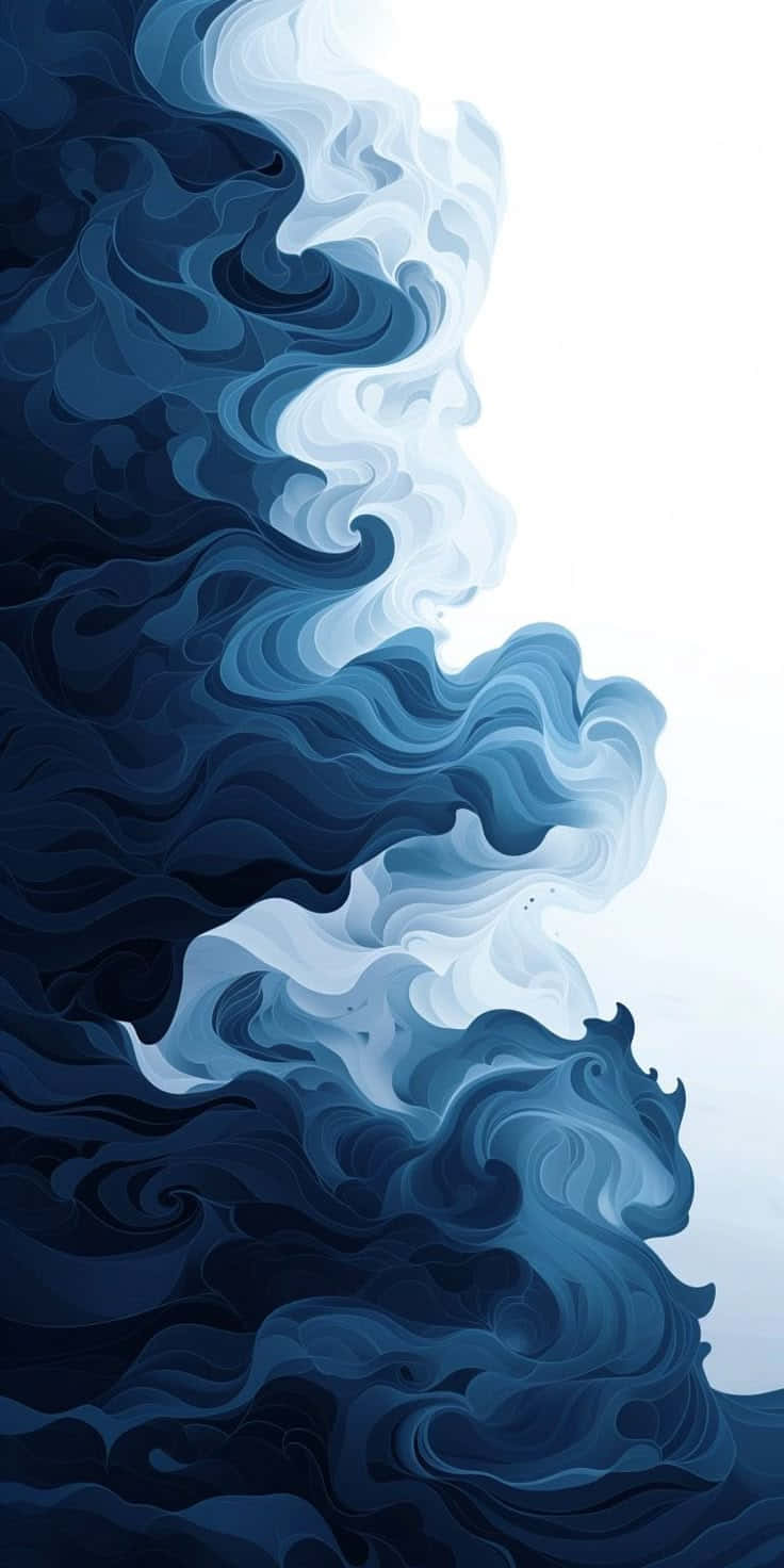 blue-white waves 壁紙 — 一層層藍色和白色的風格化波浪在明亮的白色背景上動態捲曲。