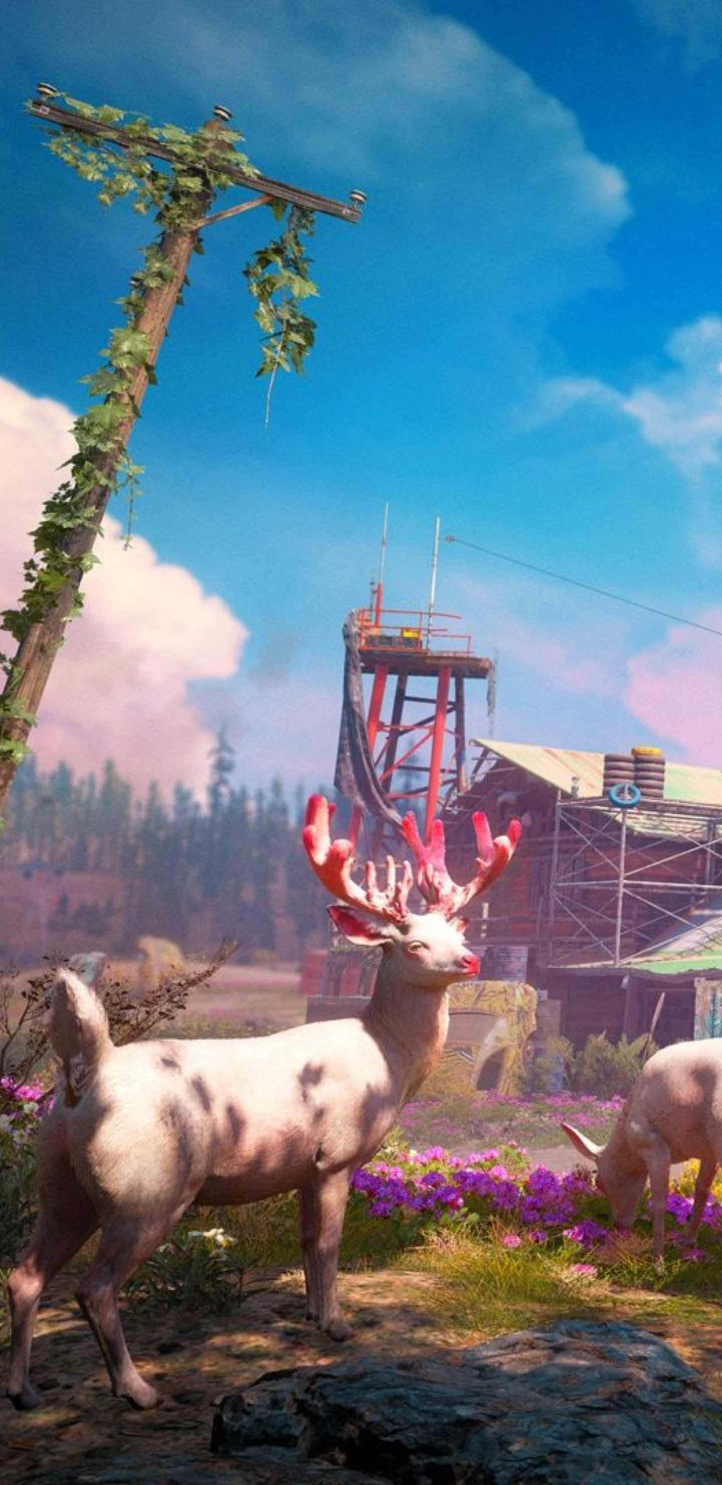 Android Far Cry New Dawn 桌布 壁紙 — 一幀超現實場景：在明亮的藍天下，一頭紅角鹿在破舊的塔樓和雜草叢生的電線杆附近吃草。