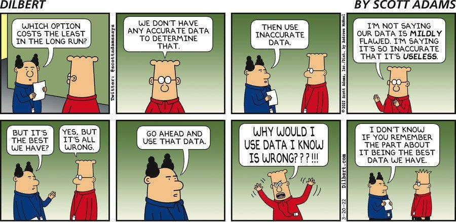 comic 桌布 壁紙 — 一幅 Dilbert 漫畫，顯示兩位同事因使用有缺陷的數據而爭論，挫折感逐漸升級。