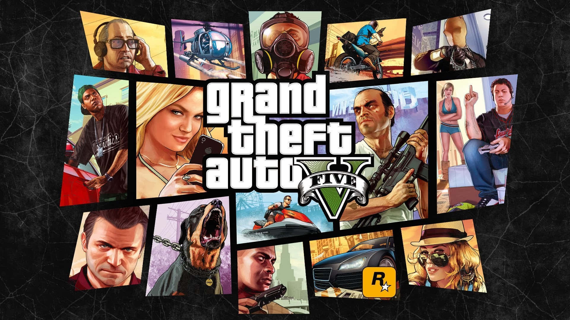 GTA 5 動圖 桌布 壁紙 — 一幅《Grand Theft Auto V》角色和場景的拼貼畫，包括一個講電話的女人、一隻狗、一架直升機和一輛跑車，背景為破裂的黑色。