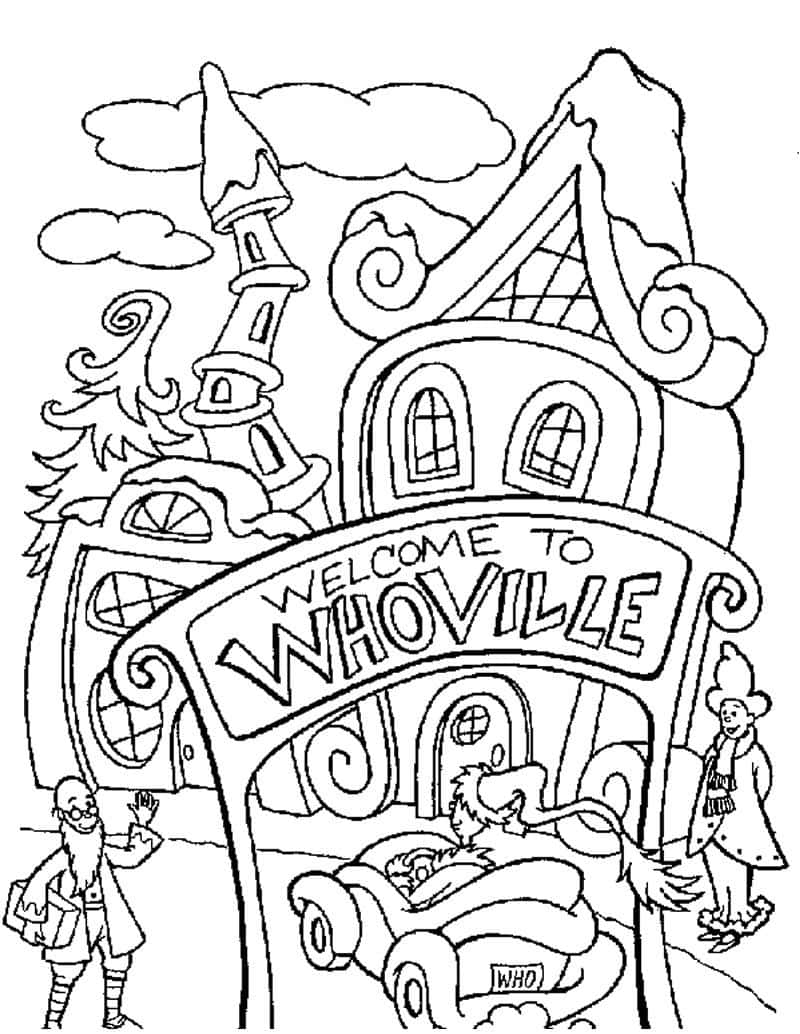 Christmas Coloring 桌布 壁紙 — 一幅 Whoville 的奇思妙想黑白線條畫，包含標牌、古怪建築和角色，包括車中的格林奇。