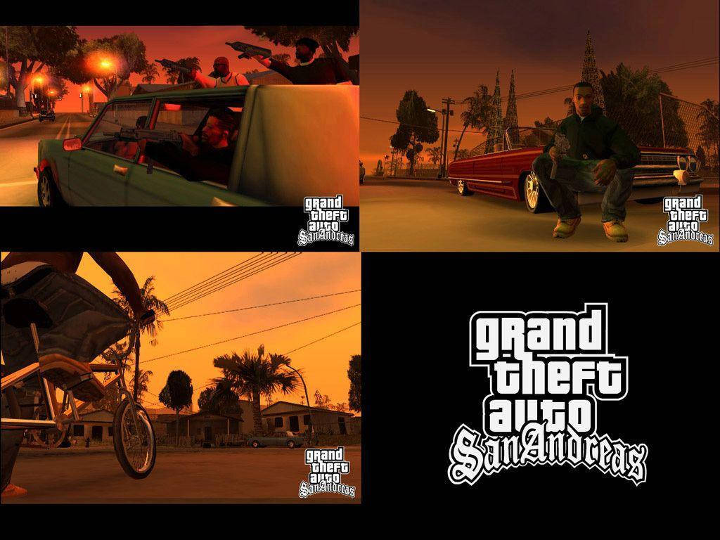 GTA 聖安地列斯 桌布 壁紙 — 一幅《俠盜獵車手：聖安地列斯》場景拼貼，展示角色持槍在綠色汽車中、一名男子蹲在紅色汽車旁、郊區街道上的腳踏車，以及黑色背景上的遊戲標誌。