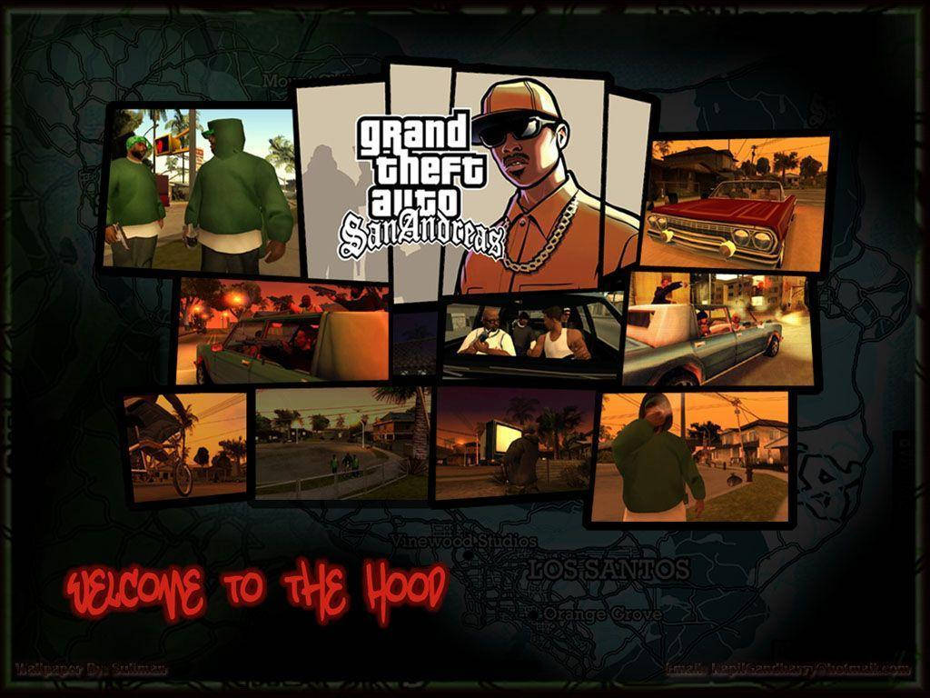 GTA 聖安地列斯 桌布 壁紙 — 一幅《俠盜獵車手：聖安地列斯》場景的拼貼畫，包含角色、汽車和街道，背景為地圖並帶有發光的紅色文字。