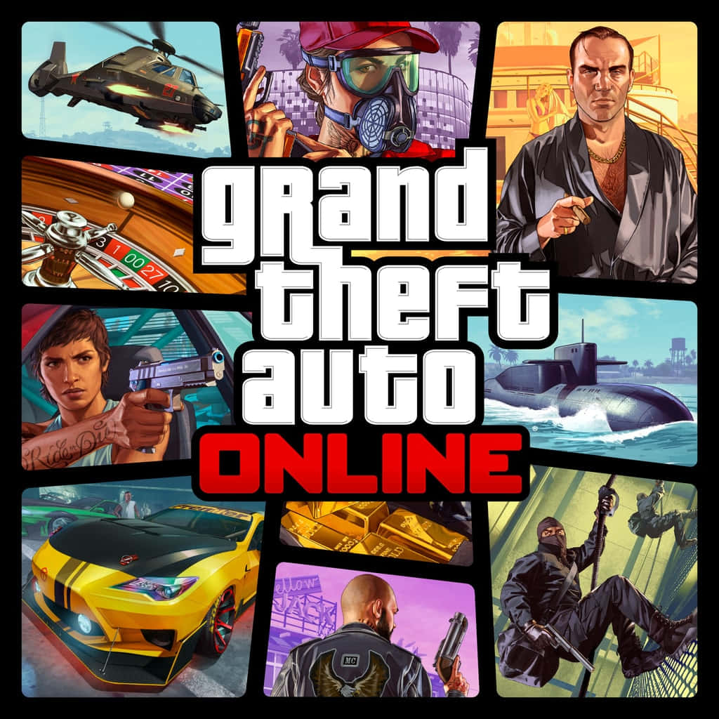 Gta Online 桌布 壁紙 — 一幅《俠盜獵車手Online》場景拼貼，包含一架直升機、一名蒙面持槍男子、一艘潛艇、一輛黃色跑車以及正在行動的角色。