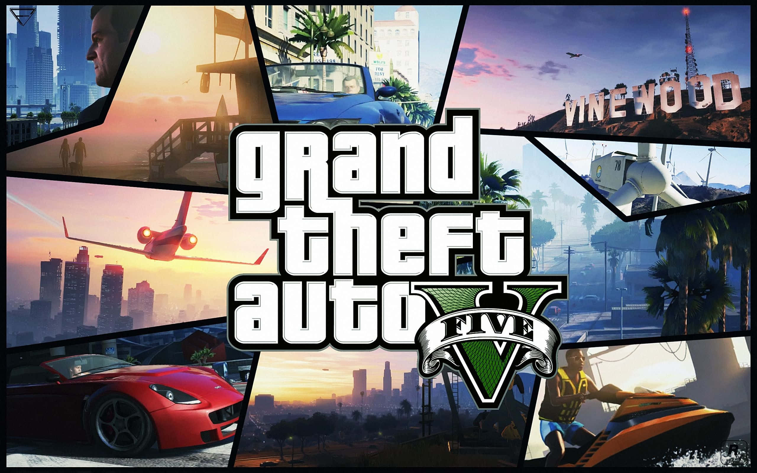 Gta 5 Desktop 桌布 壁紙 — 一幅《俠盜獵車手V》場景拼貼畫，包含汽車、噴射機、滑雪板和城市景觀，背景是充滿活力的日落天空。