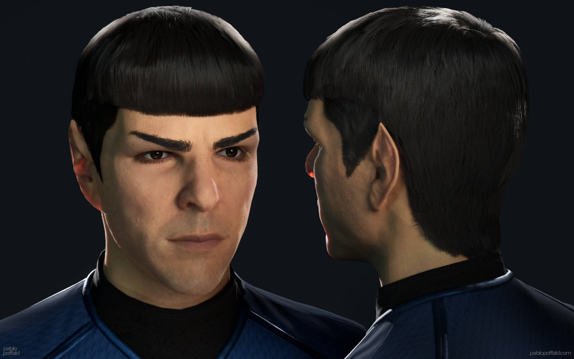 Spock 桌布 壁紙 — 一幅《星際爭霸戰》中史波克的數位肖像，正面和側面輪廓顯示在深色背景上。