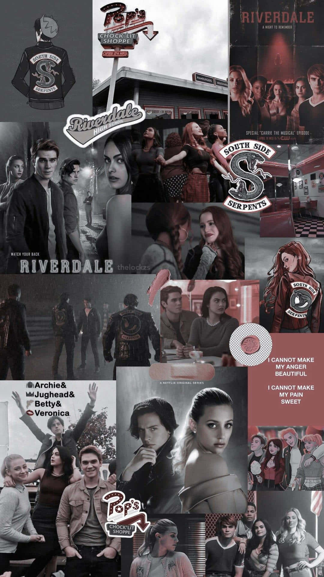 Riverdale 桌布 壁紙 — 一幅《河谷鎮》電視劇場景的拼貼畫，角色置身於陰鬱的城市環境中，並帶有流行文化標誌和語錄。