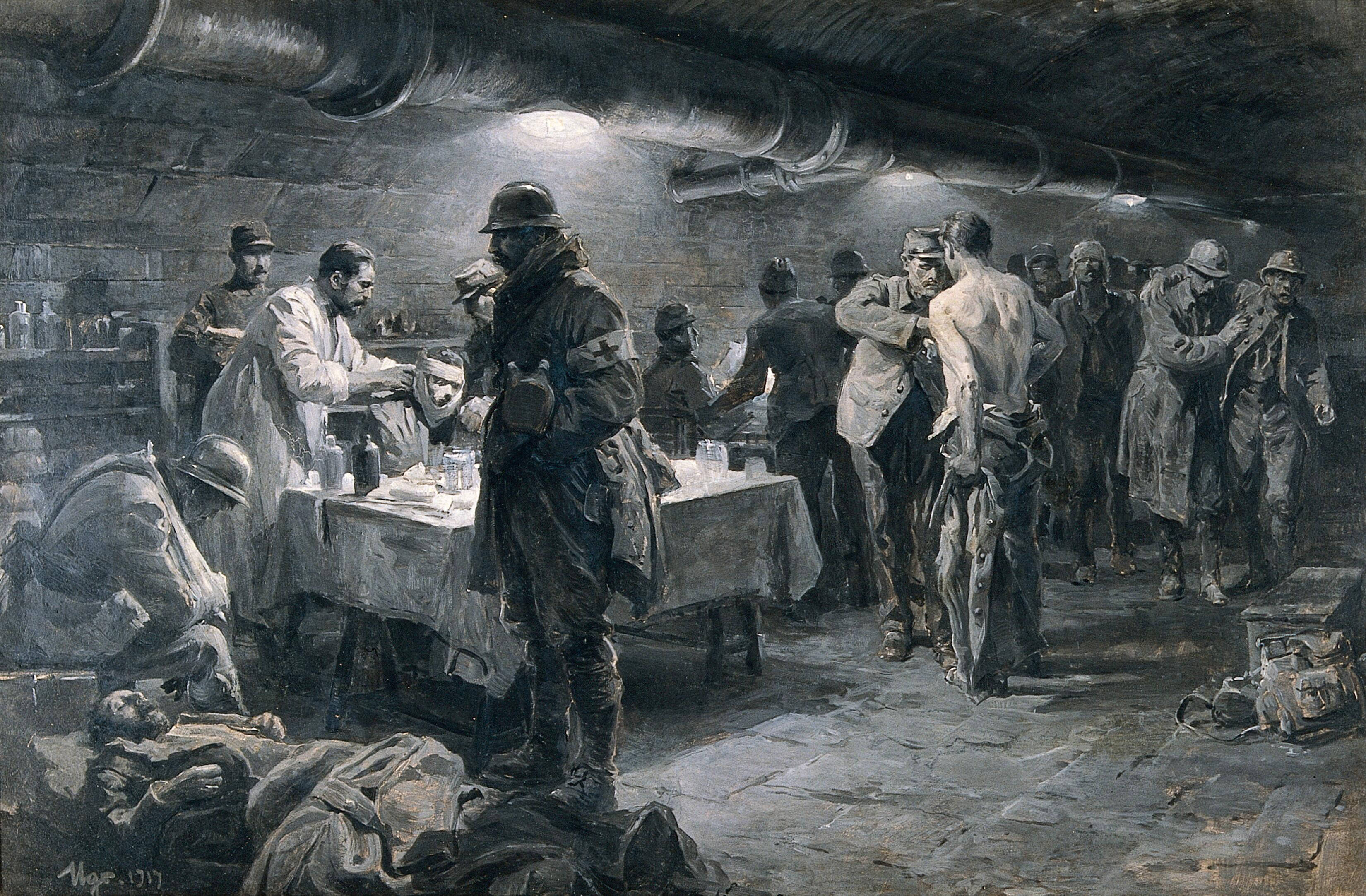 Painting 桌布 壁紙 — 一幅1917年陰沉的插圖描繪了士兵在一個光線昏暗的地下戰壕醫院中接受醫療援助，醫院有暴露的管道和散落的傷亡者。