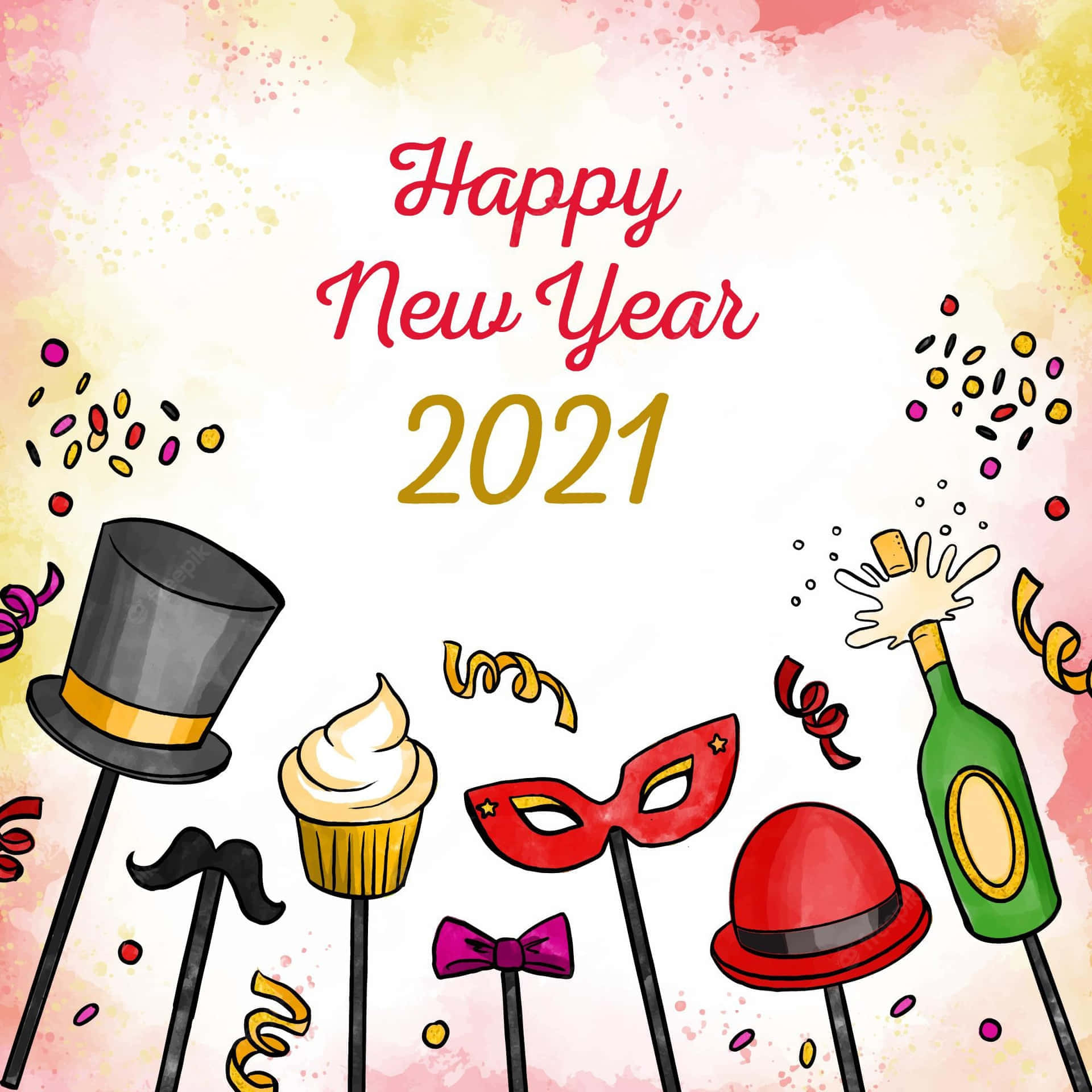 Festive 桌布 壁紙 — 一幅2021年新年慶祝插圖，包含派對道具如帽子、面具和香檳，背景為水彩風格。